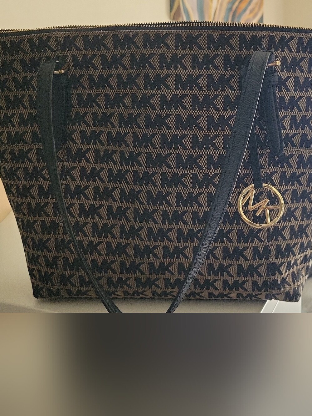 Michael Kors Brown and Black MK Logo Tote with Gold Accent